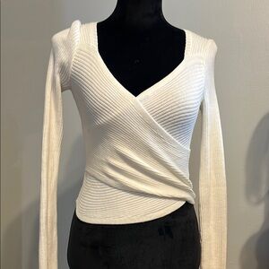 White Ribbed Wrap Sweater